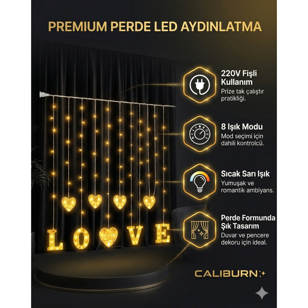 3 Metre Perde Led Işık - 8 Modlu Kalp ve LOVE Figürlü Dekoratif ...