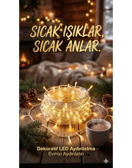 Yılbaşı Aydınlatması 100 LED Perde Hortum Sıcak Beyaz Işık - 10 Metre Dekoratif Şeffaf Kablolu Süs