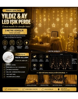 3 Metre Perde LED Işık Zinciri - Yıldız ve Ay Figürlü, Sarı Işık, Uç Uca Eklenebilir