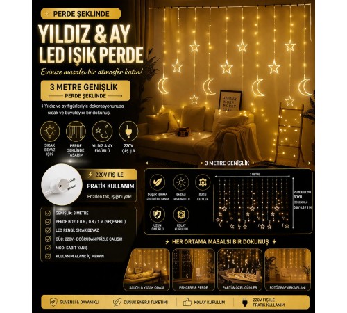 3 Metre Perde LED Işık Zinciri - Yıldız ve Ay Figürlü, Sarı Işık, Uç Uca Eklenebilir