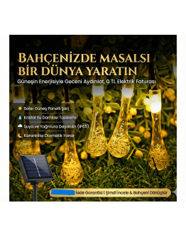 10 Led 2 Metre Sarı Kristal Su Damlası Güneş Enerjili Led Işık Solar Bahçe Ağaç Lamba Aydınlatması