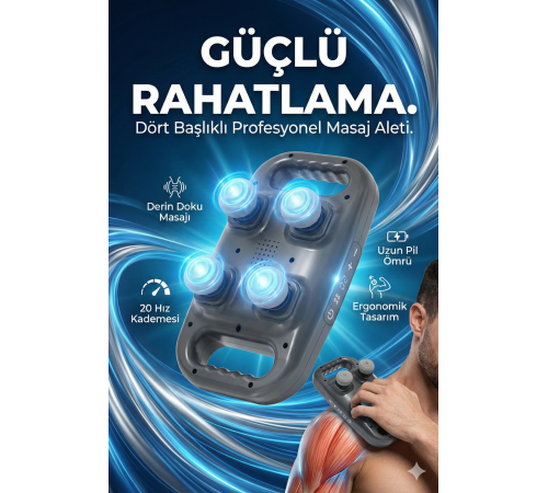4 Başlıklı Masaj Tabancası - Ergonomik Derin Doku Sırt ve Boyun Masaj Aleti Ağrı ve Sızı Giderici 4 Başlıklı Masaj Tabancası - Ergonomik Derin Doku Sırt ve Boyun Masaj Aleti Ağrı ve Sızı Giderici