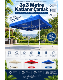 3x3 Metre Katlanır Çardak 420D Kumaş – 28 Kg Altıgen 30 mm Profil Gazebo
