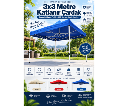 3x3 Metre Gazebo Tente - Su Geçirmez, UV Korumalı, Hızlı Kurulum, Dayanıklı Katlanabilir Çardak (Kare Profil) 3x3 Metre Gazebo Tente - Su Geçirmez, UV Korumalı, Hızlı Kurulum, Dayanıklı Katlanabilir Çardak (Kare Profil)