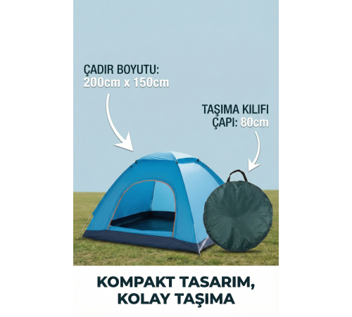 Otomatik Havada Açılan Su Geçirmez Çadır 4 Kişilik