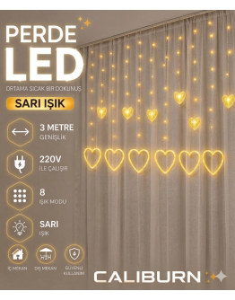 3 Metre 8 Modlu Kalp Perde LED Işık - Sarı (Sıcak Beyaz) Işık Dekoratif Işıklandırma Oda Dekoru