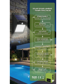 20 Ledli Hareket Sensörlü Dış Mekan Solar Lamba
