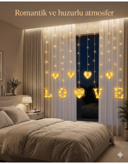 3 Metre Perde Led Işık - 8 Modlu Kalp ve LOVE Figürlü Dekoratif Animasyonlu Led