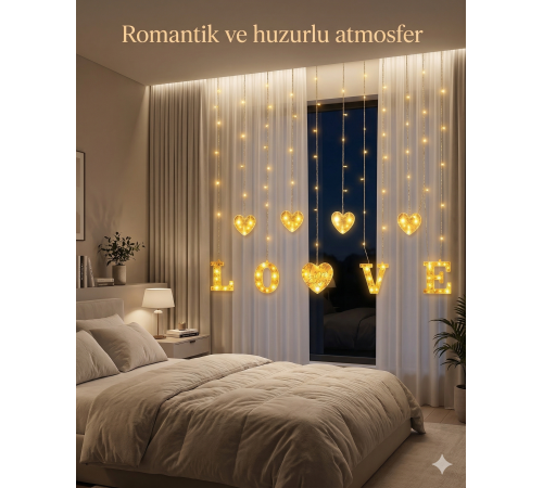 3 Metre Perde Led Işık - 8 Modlu Kalp ve LOVE Figürlü Dekoratif Animasyonlu Led 3 Metre Perde Led Işık - 8 Modlu Kalp ve LOVE Figürlü Dekoratif Animasyonlu Led