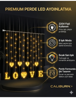 3 Metre Perde Led Işık - 8 Modlu Kalp ve LOVE Figürlü Dekoratif Animasyonlu Led