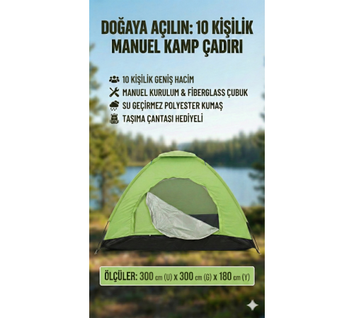 10 Kişilik Kolay Kurulumlu Kamp Çadırı (300x300x170)