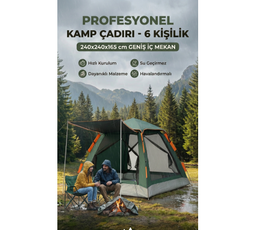 Tam Otomatik Su Ve Rüzgar Geçirmez Gölgelikli Tenteli 6 Kişilik Kamp Çadırı 240*240*155cm