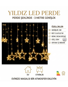 Yıldız Sarkıtlı Perde LED Aydınlatma - 3m Genişlik, 8 Modlu, Günışığı Renk,Ev Süsleme Işığı