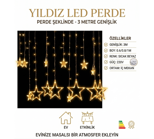 Yıldız Sarkıtlı Perde LED Aydınlatma - 3m Genişlik, 8 Modlu, Günışığı Renk,Ev Süsleme Işığı Yıldız Sarkıtlı Perde LED Aydınlatma - 3m Genişlik, 8 Modlu, Günışığı Renk,Ev Süsleme Işığı