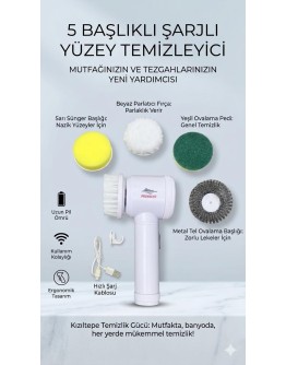 Magic Brush 5 in 1 Kablosuz Şarjlı Temizlik Fırçası | Çok Amaçlı Döner Başlıklı Elektrikli Banyo, Mutfak ve Fayans Temizleme Seti