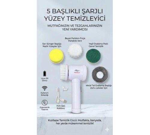 Magic Brush 5 in 1 Kablosuz Şarjlı Temizlik Fırçası | Çok Amaçlı Döner Başlıklı Elektrikli Banyo, Mutfak ve Fayans Temizleme Seti